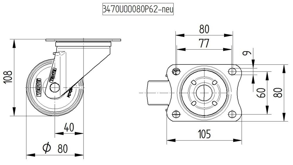 Rueda Serie 34 UOO 080 080P62 Giratoria 080 mm