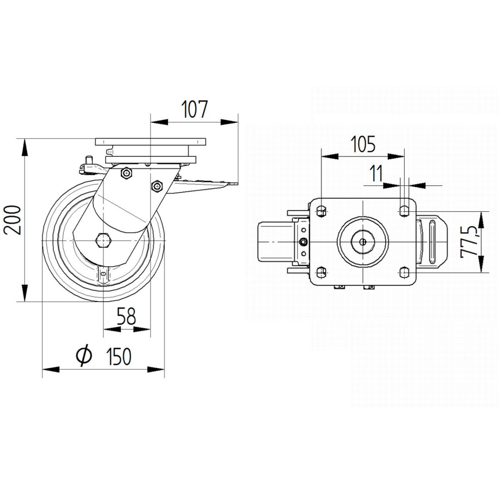 Rueda Serie96 FTP 200 WT60 Giratoria 200 mm