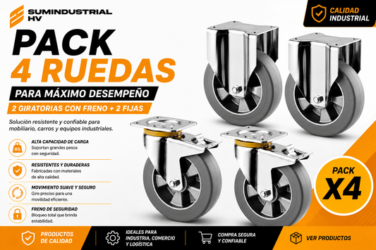 Kit x4 Ruedas Alta Carga TENTE Zeta ITP 200mm (2 Giratorias con Freno + 2 Fijas)