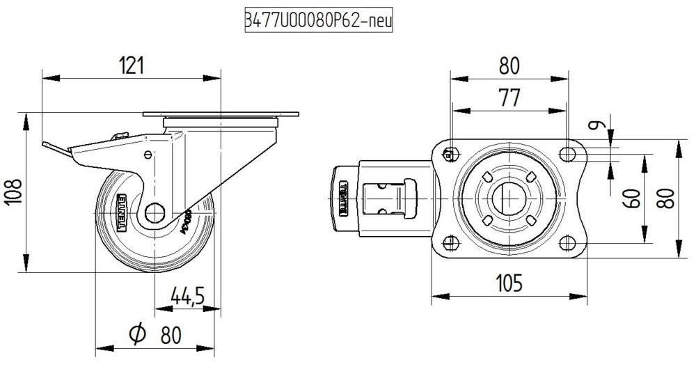 Rueda Serie 34 UOO 080 080P62 Giratoria con freno 080 mm