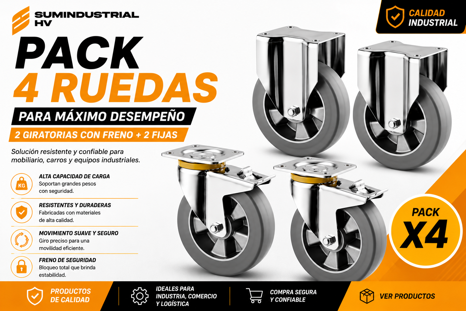 Kit x4 Ruedas Alta Carga TENTE 200mm para Carro Industrial